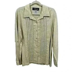 Sag Harbor VTG Womens LG/XL Tan Button Up Blouse and Pants 2 pc Set Linen Blend